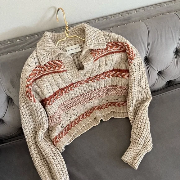 Freshman Beige and Rust Bohemian V-Neck Academy preppy cropped  Sweater S - Picture 6 of 8
